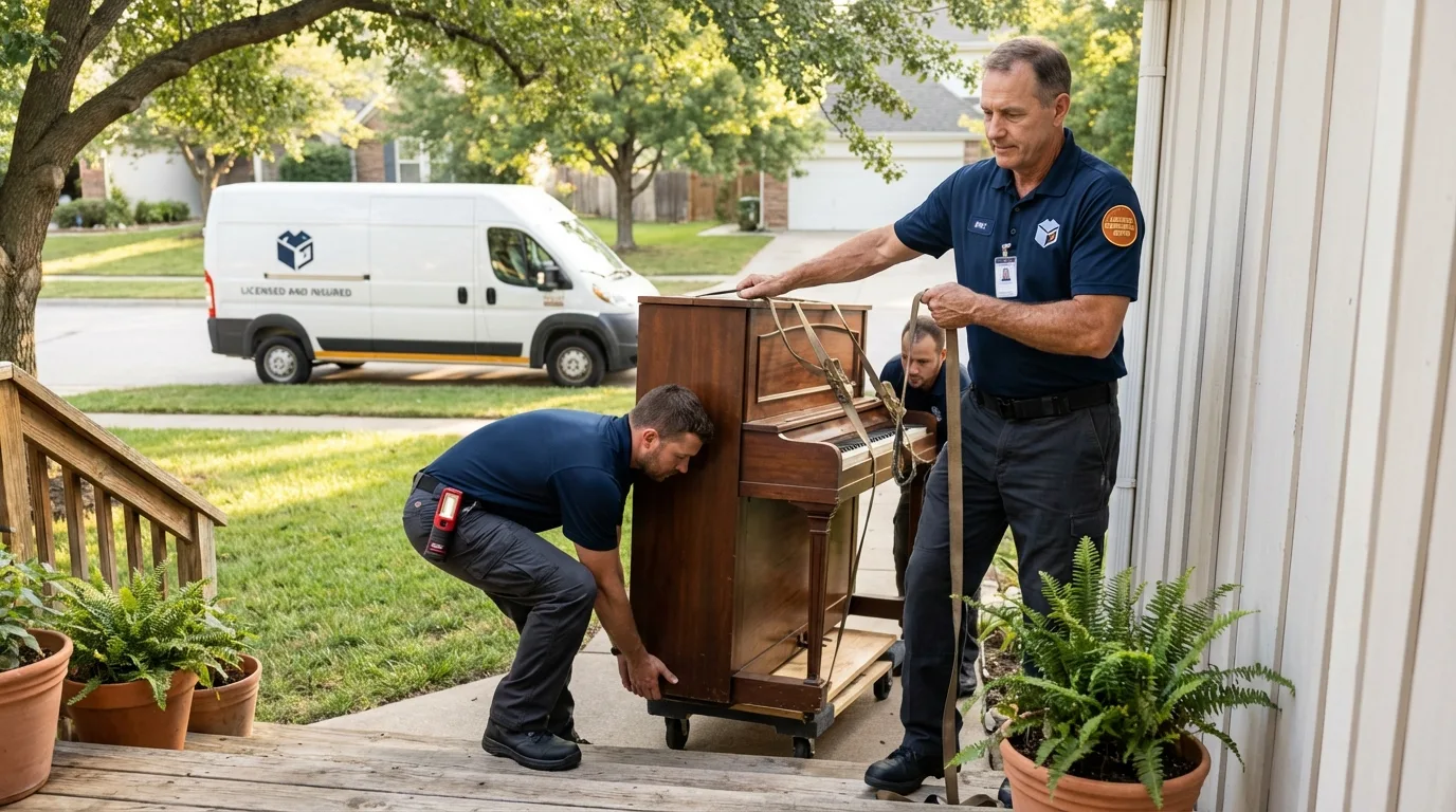 Licensed piano movers securing grand piano in Fort Ashby, WV