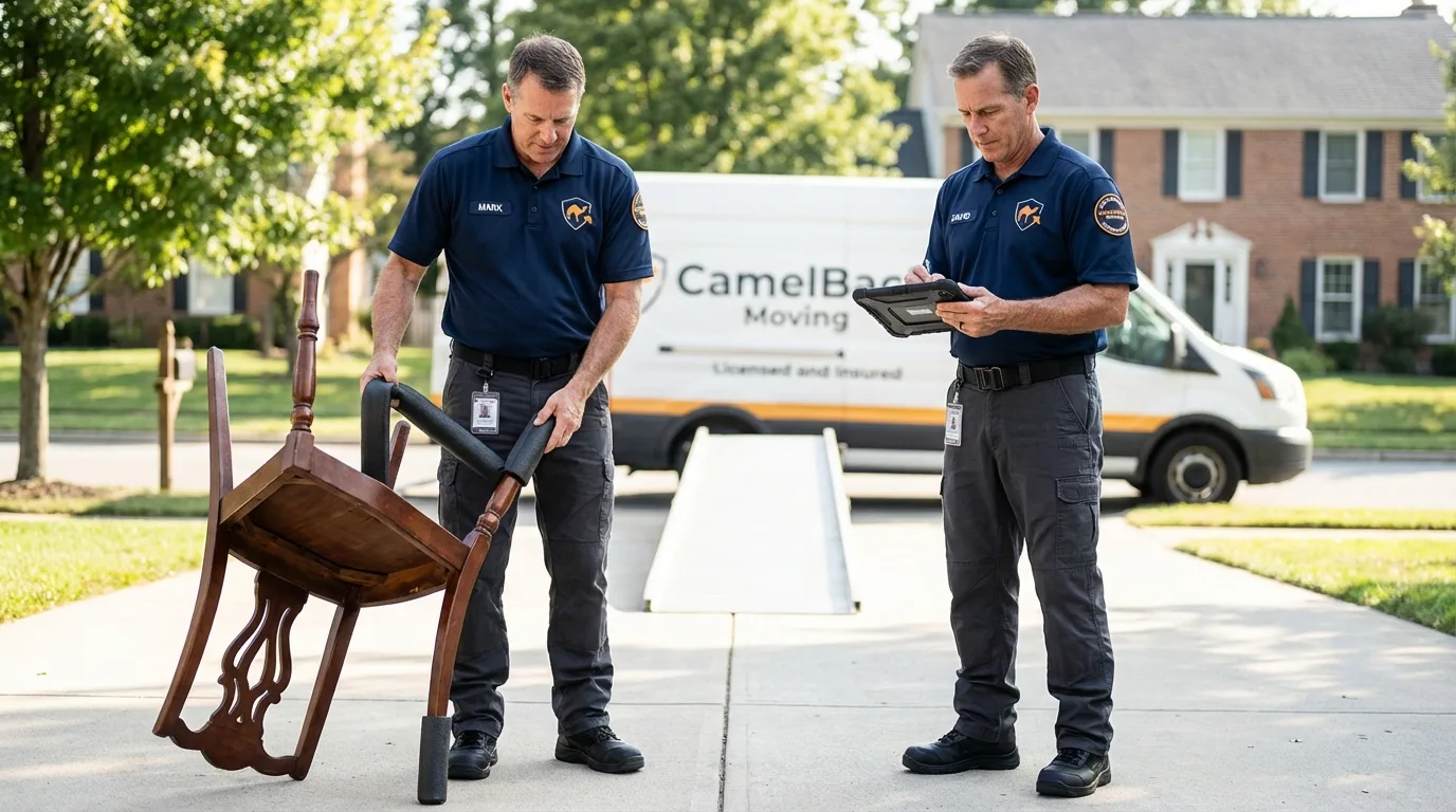 Movers inspecting furniture for damage prevention before loading in Fort Ashby, WV