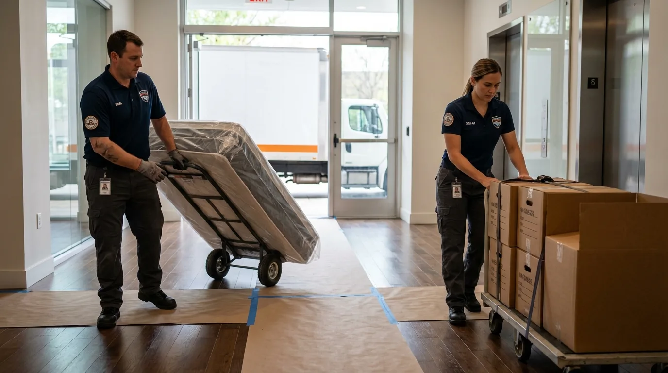 Professional apartment movers loading elevator in Fort Ashby, WV