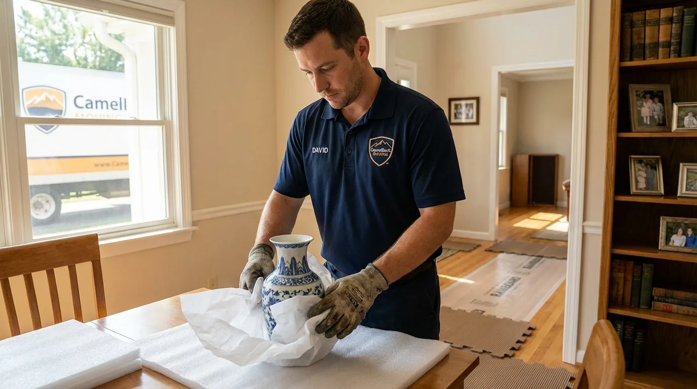 Professional crew carefully wrapping antique vase for senior downsizing move in Fort Ashby, WV